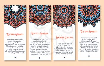 Mandala or Paisley pattern for banners templates. Vector Indian flower tracery of flourish Buddhistic ornaments set for business cards or holiday greetings