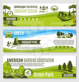 Landscape gardening or planting design company banners templates. Vector set of parks and green nature environment association and trees or gardens horticulture service