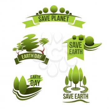 Earth Day vector icons and Save Planet concept isolated symbols. Global green nature and environment protection event template design. Nature forest trees and clean air conservation for earth ecology