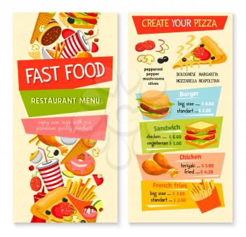 Fast food restaurant menu flat template. Price for fastfood sandwiches or burgers, snacks, drinks and desserts. Vector hot dog and french fries, popcorn basket and grill chicken wings, barbecue hambur