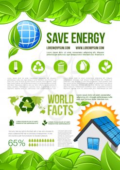 Ecology conservation and green energy consumption vector infographics template. Graph elements and diagrams on water and solar energy use for recycling and nature saving or protection statistics