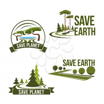 Save Earth icons and nature protection or preservation concept. Green eco environment and pollution prevention vector symbols set of park trees and garden plants with ribbons