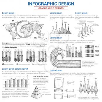 Infographics icons set for statistics and analytics. Vector elements of consumer marketing and business diagrams and growth charts, flowchart graphs, world map percent share bars and pie circles