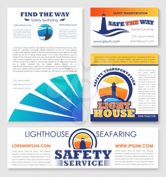 Safety marine transportation service company business templates set of vector posters, web banners and business card. Design with lighthouse or navy ship safe seafaring and navigation beacon symbols