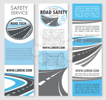 Road safety service technology banners. Vector template design for highway transport traffic and transportation routes repair and construction service company for motorway bridges and pathway tunnels