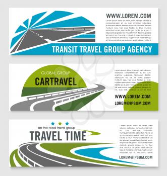 Car travel company or road trip tourist vector banners for touristic agency. Design templates with symbols of highways or motorway lanes for transportation or transport transit service