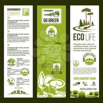 Green environment and nature ecology protection vector banners set for eco saving company. Vector design of parks, greener woodland and square and trees. Planet protection and ecosystem conservation c