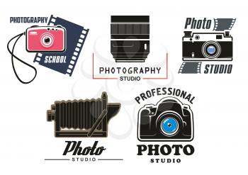 Photo studio vector icons set. Isolated symbols of digital and retro camera lens with flash and photographic film cartridge for professional photography school design