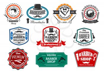 Barber shop salon premium vector icons set. Isolated symbols of man beard and mustaches, shaving retro razor blade and scissors with hair dryer. Hipster barbershop hairdresser coiffeur or trend badges