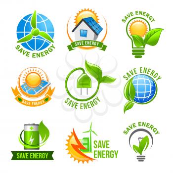 Eco green energy icon set. Green eco house with solar panel and wind turbine, light bulb with green leaf, globe, charge battery and electric plug with plant for energy saving themes design
