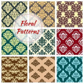 Damask seamless pattern of floral ornament tracery. Vector flourish and baroque flowers adornment or luxury ornamental antique rococo and vintage motif pattern design for interior decor tiles set