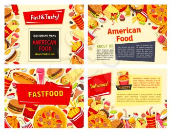 Fast food menu vector templates set. Covers design with fastfood restaurant meals of burger, hot dog, pizza and chicken wings. French fries snacks and barbecue sandwiches, popcorn and ice cream desser