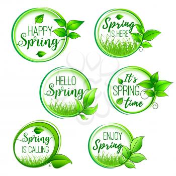 Hello Spring vector icons set for springtime holidays. Isolated round template design of green springtime tree or flower plant sprouts and leaf tendril on grass for greeting design elements