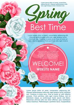 Spring season floral poster template. Blooming spring flowers frame border with white roses, pink peony, green leaves and branches for web banner and client welcome guide design