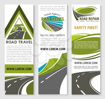 Road safety construction and repair service banners for travel ot ransportation company. Design of highway safe building with tunnels and bridges for motorway transport journey trip