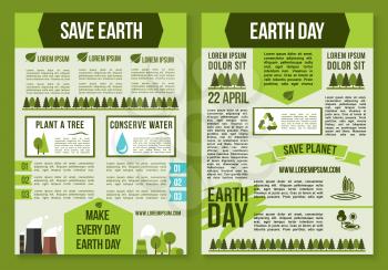 Save Planet and Earth Day poster template set. Recycle, tree planting and water saving eco concept with green tree, leaf and industrial plant icons for sustainable manufacturing and ecology design