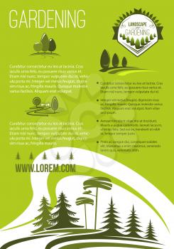 Landscape and gardening company vector poster. Garden landscaping design and greenery planting association. Outdoor nature and woodlands landscape of village or urban and city park trees
