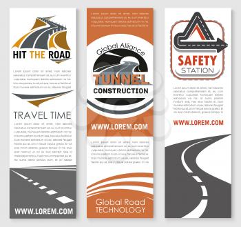 Road safety and tunnel construction alliance vector banners set. Highway transport and motorway repair service or travel and transportation or investment company design