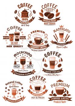 Coffee vector icons for coffeeshop, cafe and cafeteria. Isolated symbols of coffee makers and beans, cups of hot drinks strong espresso, americano frappe or chocolate desserts for coffeehouse design