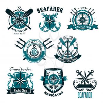 Heraldic marine and nautical vector icons set. Symbols and badges of seafarer ship helm and anchor, captain sailor navigator compass and voyager lighthouse or life buoy with ribbons and trident chains