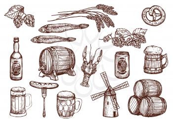 Beer drink and snacks vector sketch icons. Beer mug or barrel, windmill and hop or barley wheat, fish kipper and grill sausages, lobster and pretzel for Oktoberfest brewery pub or bar design