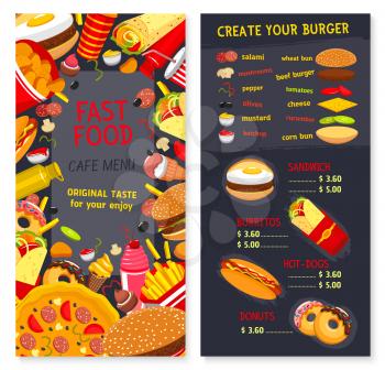 Fast food menu for restaurant. Vector price for combo meals, snacks and desserts. Fastfood burger choice of cheeseburger and hamburger sandwiches, pizza or hot dog, ice cream and chocolate donuts