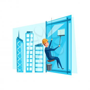 Window cleaner or washer profession. Vector man washing windows of office building or skyscraper with squeegee and sponge or water bucket on safety ropes platform. Cleaning service occupation