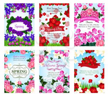 Flowers for Spring Time holidays greeting cards or posters set. Blooming irises and clover blossoms, garden roses bouquets and poppy bunches and begonia or orchid buds with ribbons on green grass lawn