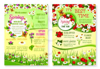 Grand Spring Sale vector posters set for springtime discount offer on flowers bouquets. Floral and blooming nature design of poppy and daisy or chamomile blossoms and clover petals on spring grass fie
