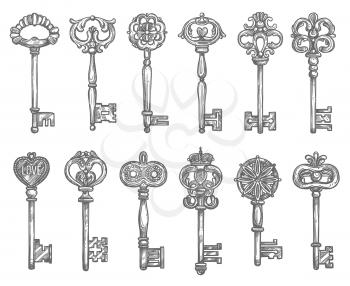Old vintage key and antique skeleton key sketch set. Door key with long shank and decorative bow, adorned by floral pattern with crown, heart, fleur-de-lis ornament. Jewelry, security concept design