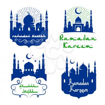 Ramadan Kareem icons. Vector mosque and crescent moon with twinkling stars in blue sky and light rays. Arabic calligraphy text and ornament ribbons for Muslim religious holiday celebration design