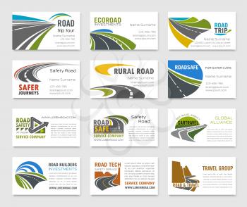 Business card template with road, highway, bridge, mountain and coastal path icons and text layout for road building company, travel agency, transportation service and traffic safety design