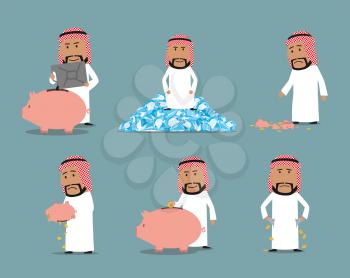 Rich and bankrupt arab businessman character set. Wealthy arabian man with piggy bank, oil tank and diamonds, broke businessman with empty pocket and broken still bank. Success and failure design