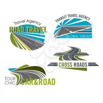 Road trip, car tour and transit travel agency icon set. Transportation services, tourism and travel isolated emblems with speed highway, asphalt freeway and crossroad symbols