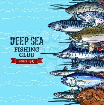 Sea fishing club poster. Fishing sport club banner with sea fish sketches of marlin, tuna, salmon, mackerel, flounder, herring and sprat on blue water wave background. Sea fishing themes design