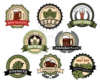 Beer alcohol drink label set. Craft brewery badge with glass of beer, ale or lager, hop branches with green leaf and cone, wheat ear on round seal with ribbon banner. Pub, bar and Oktoberfest design