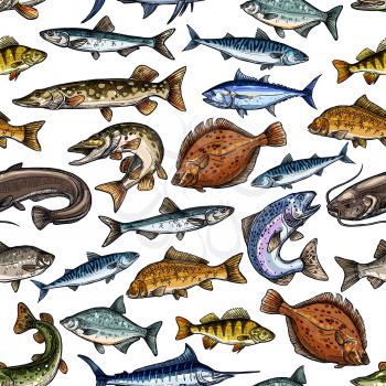 Seamless pattern of sea and freshwater fish. Blue marlin, tuna, salmon and trout, mackerel and pike, perch and bass, flounder, carp and herring, sheatfish. Fishing sport, seafood design
