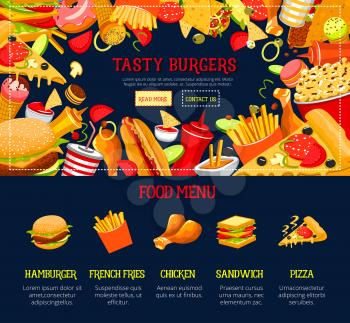 Fast food restaurant vector landing page template for web site design. Delivery of burgers and hot dog or cheeseburger sandwiches, french fries or chicken grill snacks and ice cream desserts