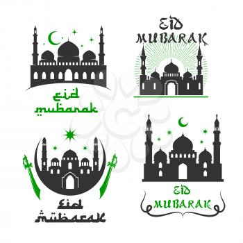 Eid Mubarak greetings set of mosque, crescent moon and twinkling star, swords or sabers and Arabic calligraphy for Islamic or Muslim traditional religious Blessed Celebration. Vector isolated icons