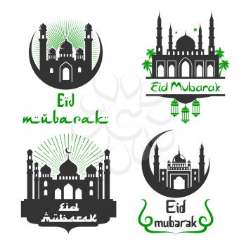 Eid Mubarak greetings for Arabic religious festival celebration. Vector icons set of mosque in crescent moon and twinkling star. Calligraphy text for Islamic or Muslim traditional Blessed Eid Mubarak