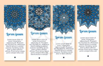 Paisley or Mandala ornamental pattern vector banners set. Design template of Indian or Morrocan flower ornament or flourish tracery patterns for business cards or holiday greetings