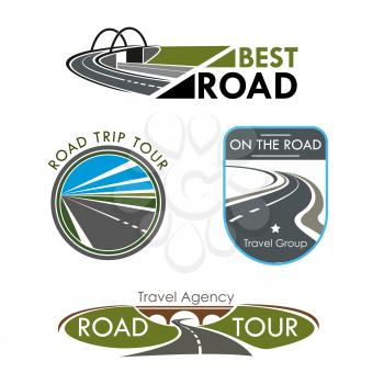 Road travel or trip tour company icons set. Vector isolated symbols or badges with highways path, bridge and motorway curve lanes for road journey agency or travel company templates