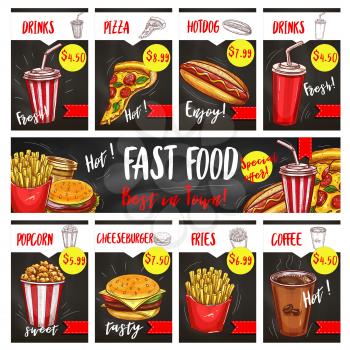 Fast food restaurant vector price cards templates set for fastfood menu. Hamburgers, cheeseburgers or pizza and hot dogs, soda or coffee drinks and french fries, chicken barbecue nuggets and ice cream