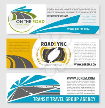 Road travel agency vector banners set for tourist or transport transit company. Design of highways and motorways with tunnels and traffic signs or lane marking for tourist journey service group