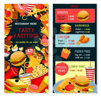 Fast food vector menu with prices and lunch time combo offer. Fastfood snacks, drinks and meals of hamburgers french fries with cheeseburger or hot dog and pizza, soda drink and coffee or ice cream de