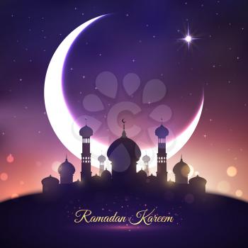 Ramadan Kareem greetings with mosque and moon. Muslim religion holy month Ramadan celebration greeting card with mosque under blue night sky, crescent moon and stars. Eid Mubarak festive poster design