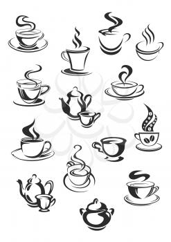 Cups of coffee or tea vector isolated icons set for coffehouse, cafeteria or cafe templates or menu element. Symbols of coffee beans, teapots and steam from hot mug of chocolate frappe or americano
