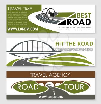 Road travel and car trip banner template set. Road bridge, asphalt highway and speedy freeway symbols for holiday journey, road tour, travel agency flyer or poster design