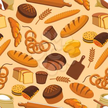 Bakery seamless vector pattern of wheat and rye bread loaf, bagel with croissant, pretzel, sweet cinnamon roll bun, muffin and dessert pie, baker rolling pin and cutting board for bakery shop, pastry,