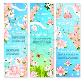 Summer day banners for summertime holidays greeting. Vector design of blooming crocuses, cherry blossoms and orchid blossoms, or lotuses flowers on green grass. Floral summer bouquets and butterflies